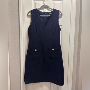 Karl Lagerfeld Navy Tweed Mini Dress with Gold and Pearl Pocket Accents